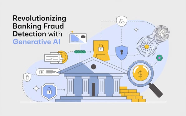 Futuristic bank showcasing generative AI in fraud detection.